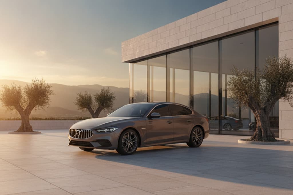 A saloon outside a modern limestone showroom in golden light