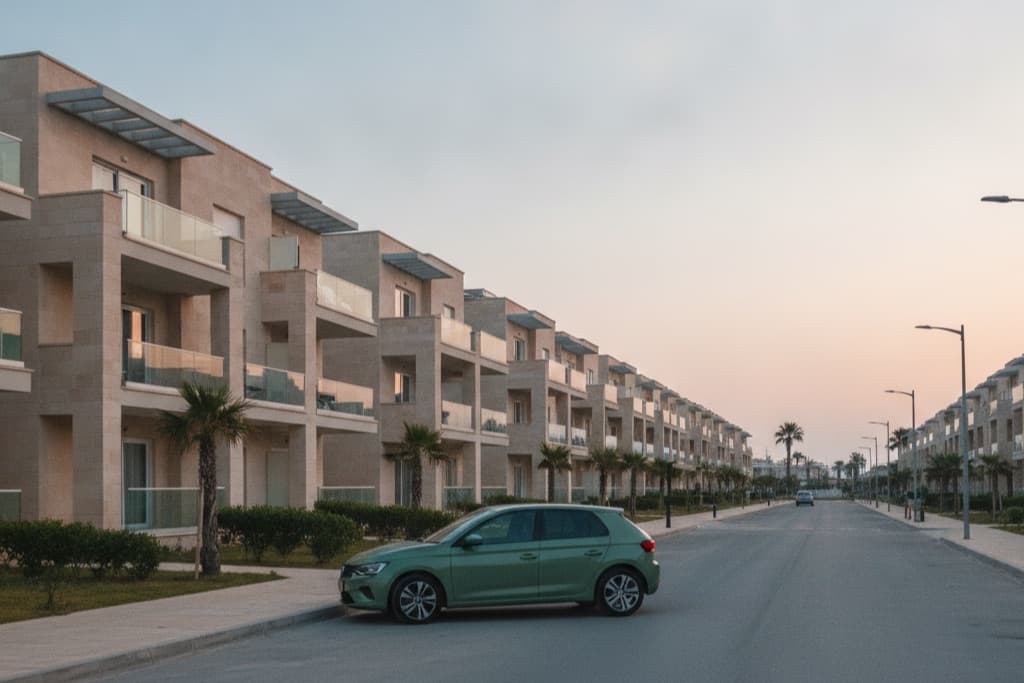 A compact hatchback on a Cyprus coastal street at dusk