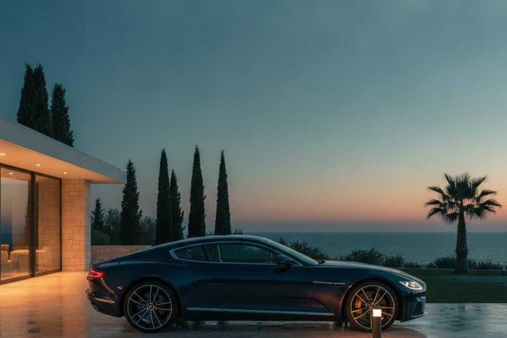 A dark grand tourer outside a Mediterranean villa at blue hour